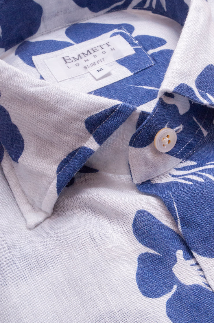 Blue Flowers On white Linen Shirt