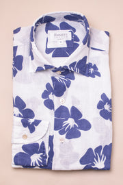 Blue Flowers On white Linen Shirt