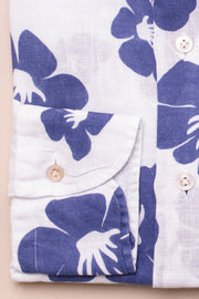 Blue Flowers On white Linen Shirt