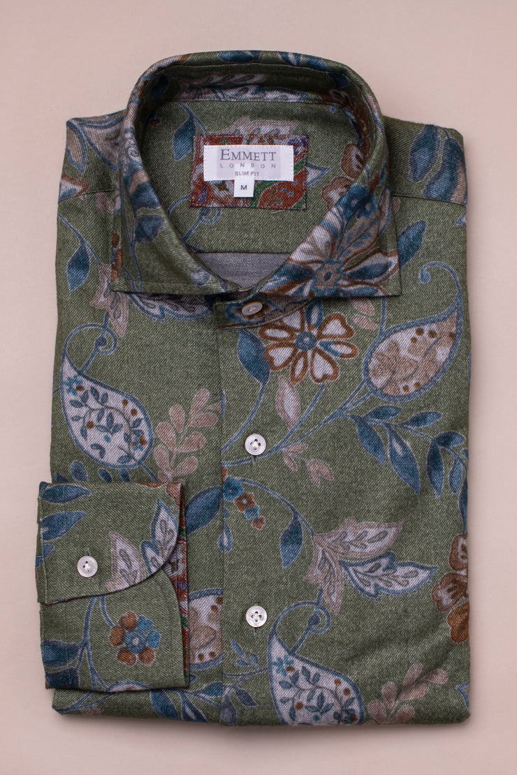 Blue and Green Brushed Cotton Printed Shirt