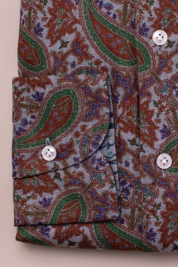 Brown Paisley Brushed Cotton Printed Shirt