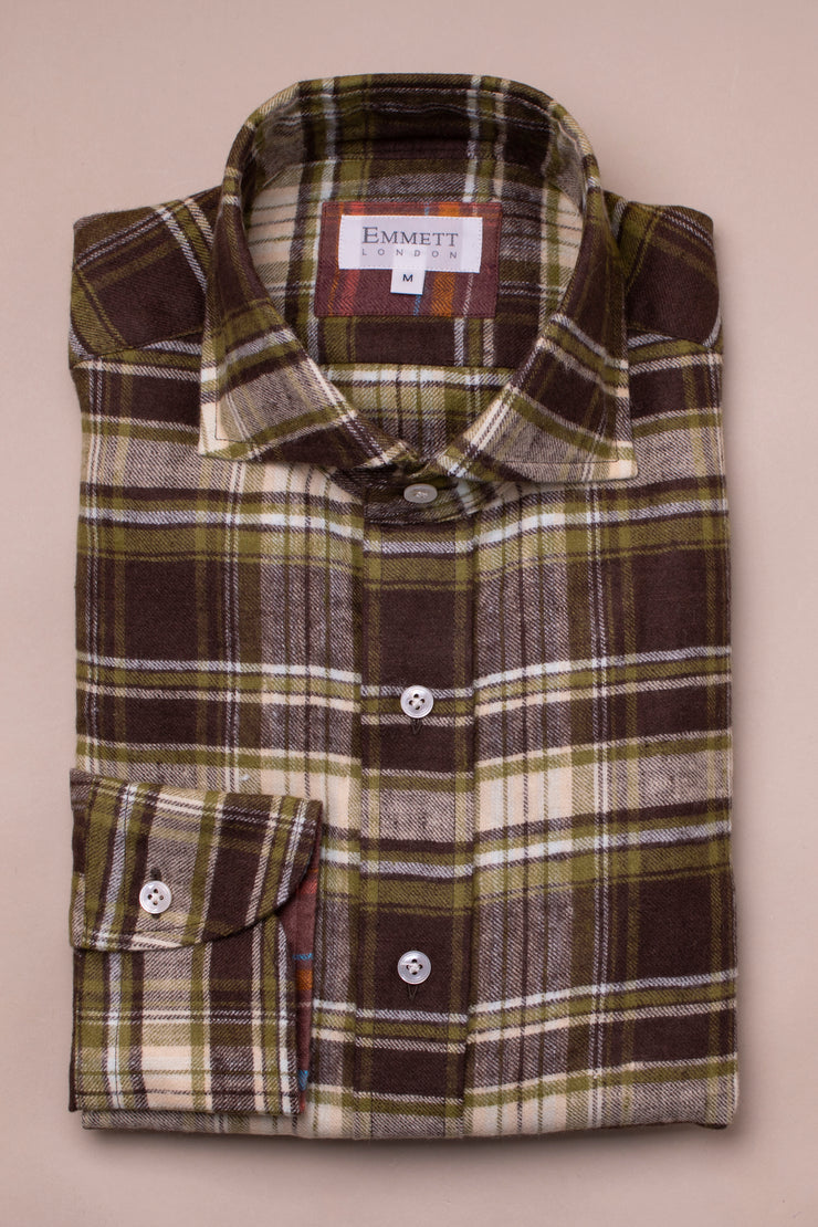 Green Brushed Linen Checked Shirt