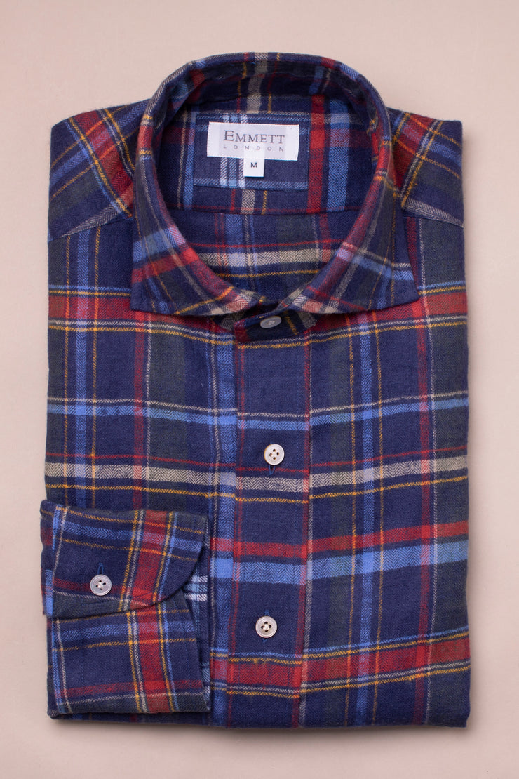 Blue And Red Brushed Linen Checked Shirt