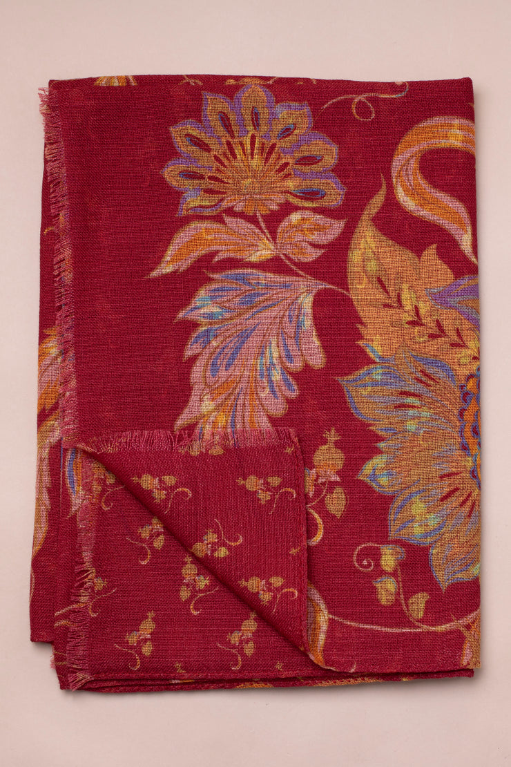 Soft Red Floral Wool Scarf