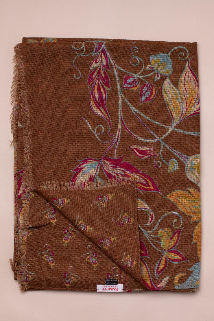 Soft Brown Floral Design Wool Scarf