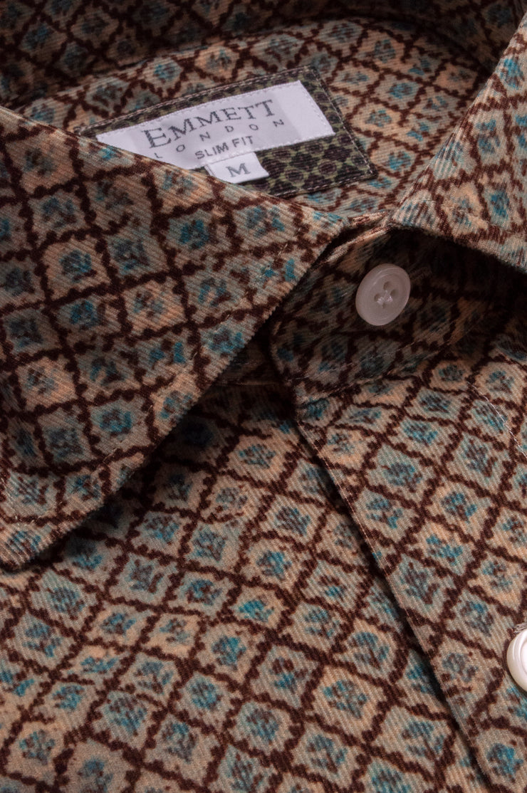 Brown And Blue Printed Cord Shirt