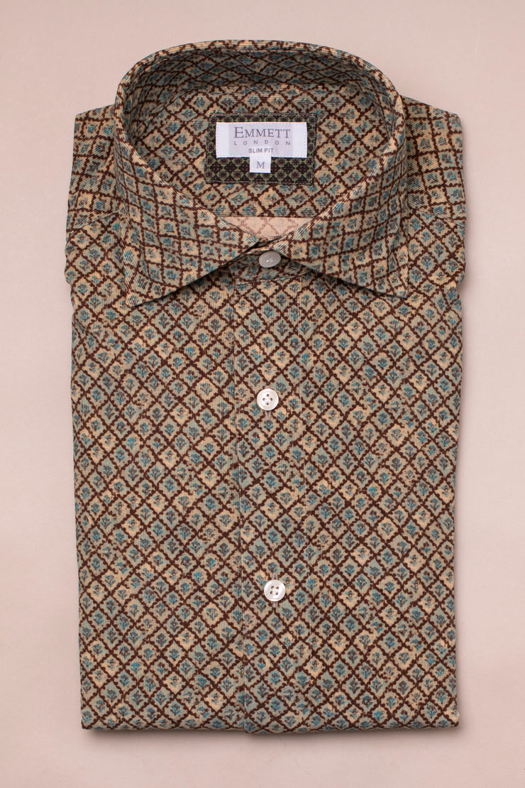 Brown And Blue Printed Cord Shirt