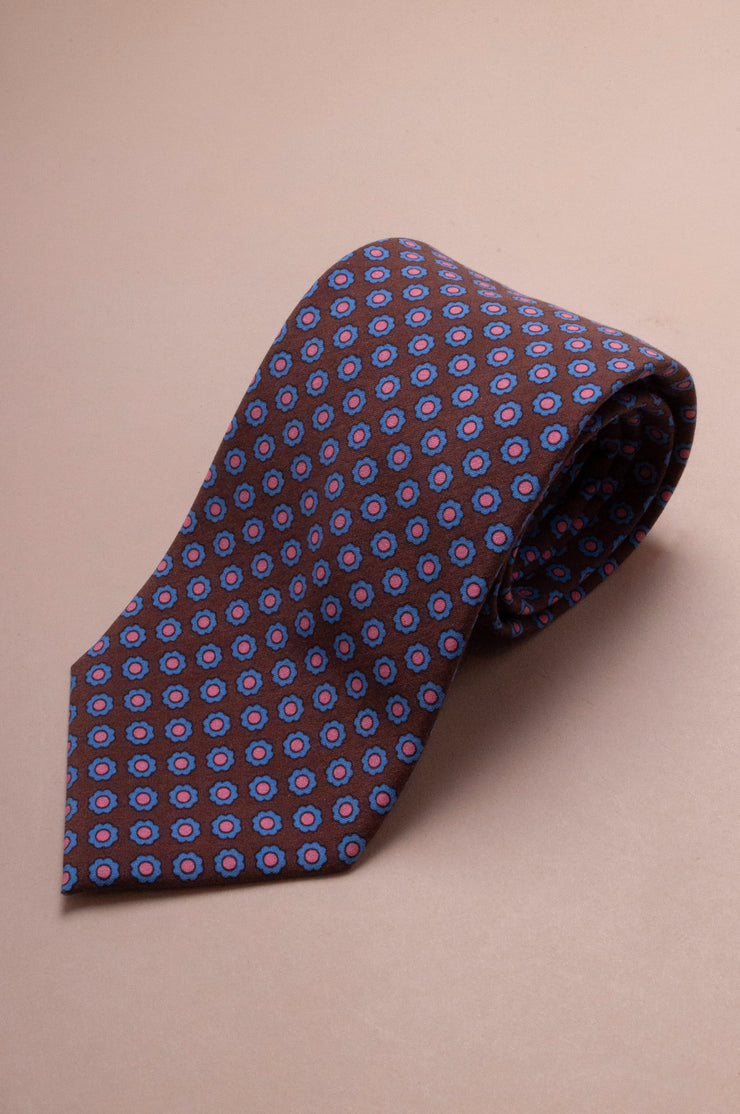 Brown And Pink Flower Printed Silk Tie