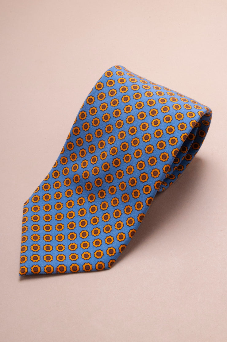 Blue And Yellow Flower Printed Silk Tie