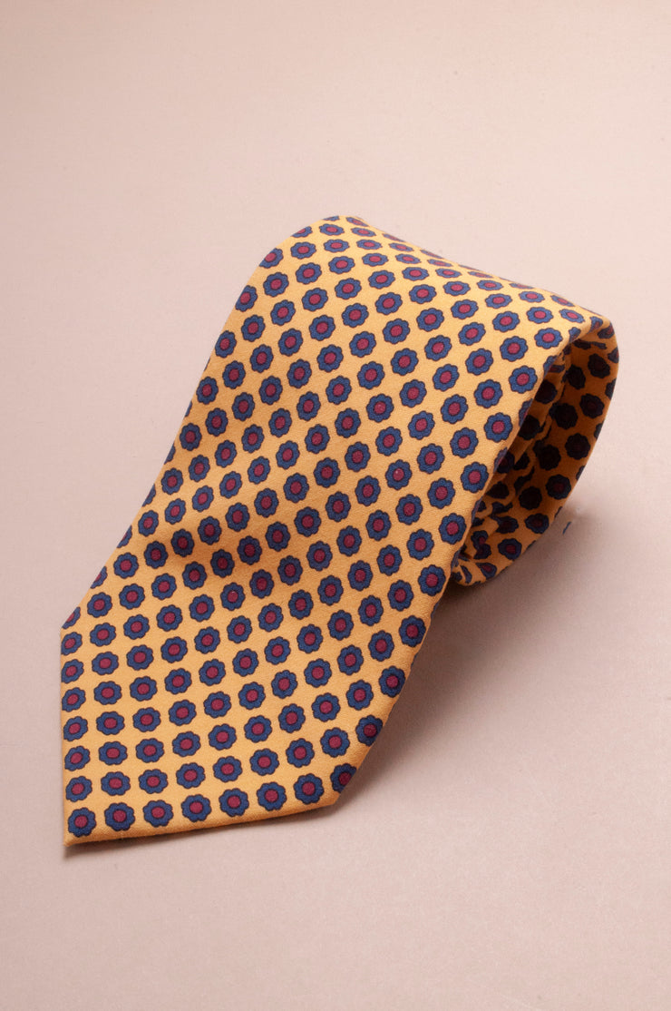 Yellow And Blue Flower Printed Silk Tie